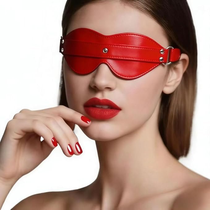 LaNoira CrimsonRivet red leather blindfold with rivet detailing and adjustable buckle strap