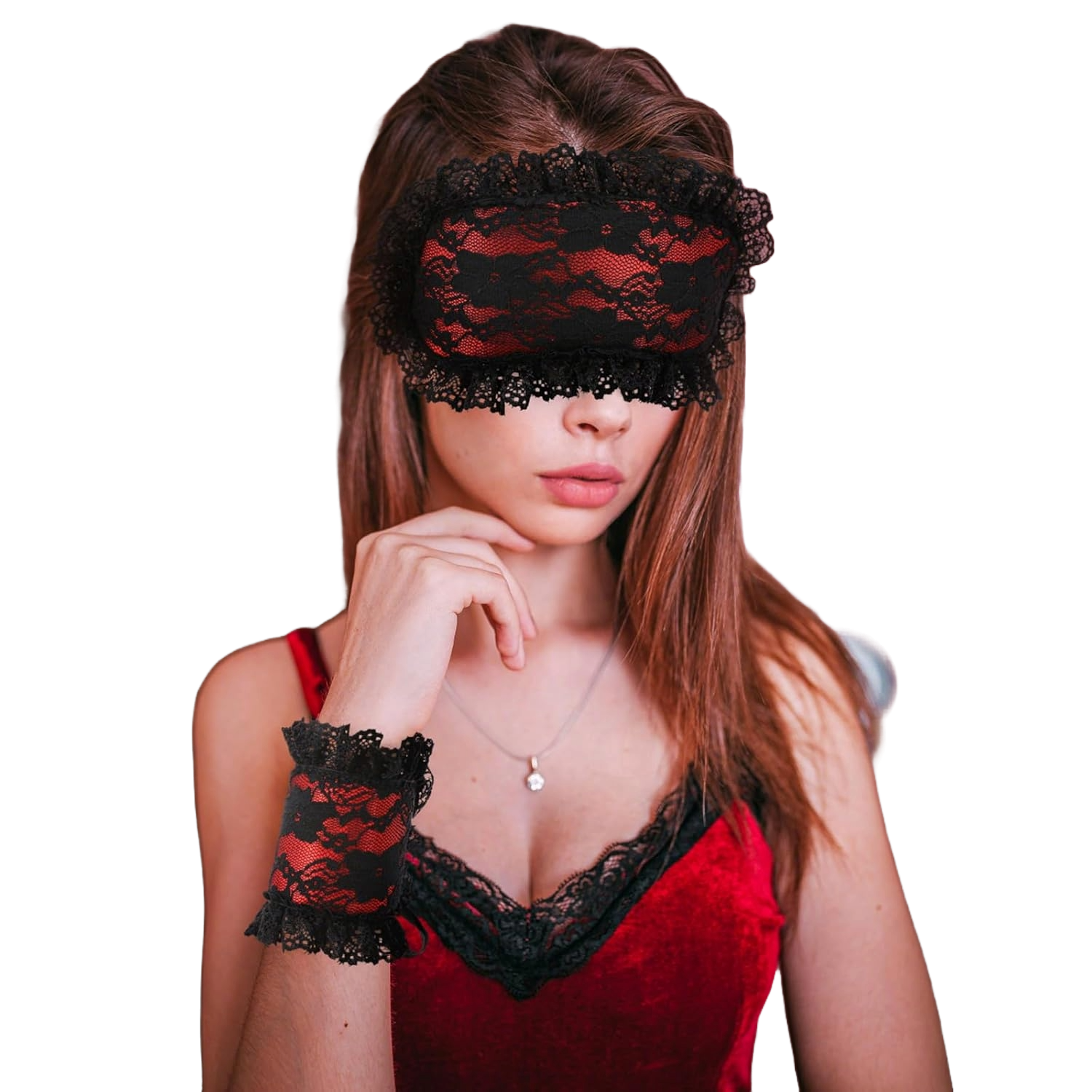 Woman wearing black lace blindfold and matching lace wrist cuffs with red inner lining