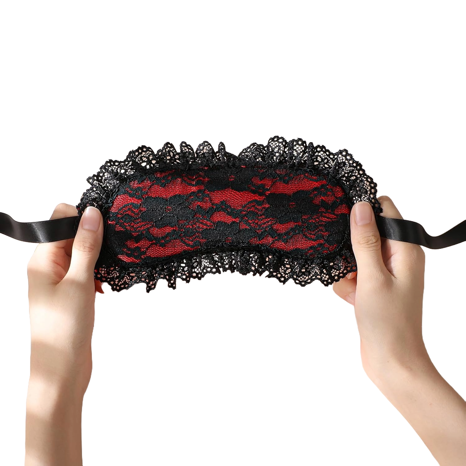 Hands holding black lace blindfold with floral pattern and satin ribbon ties