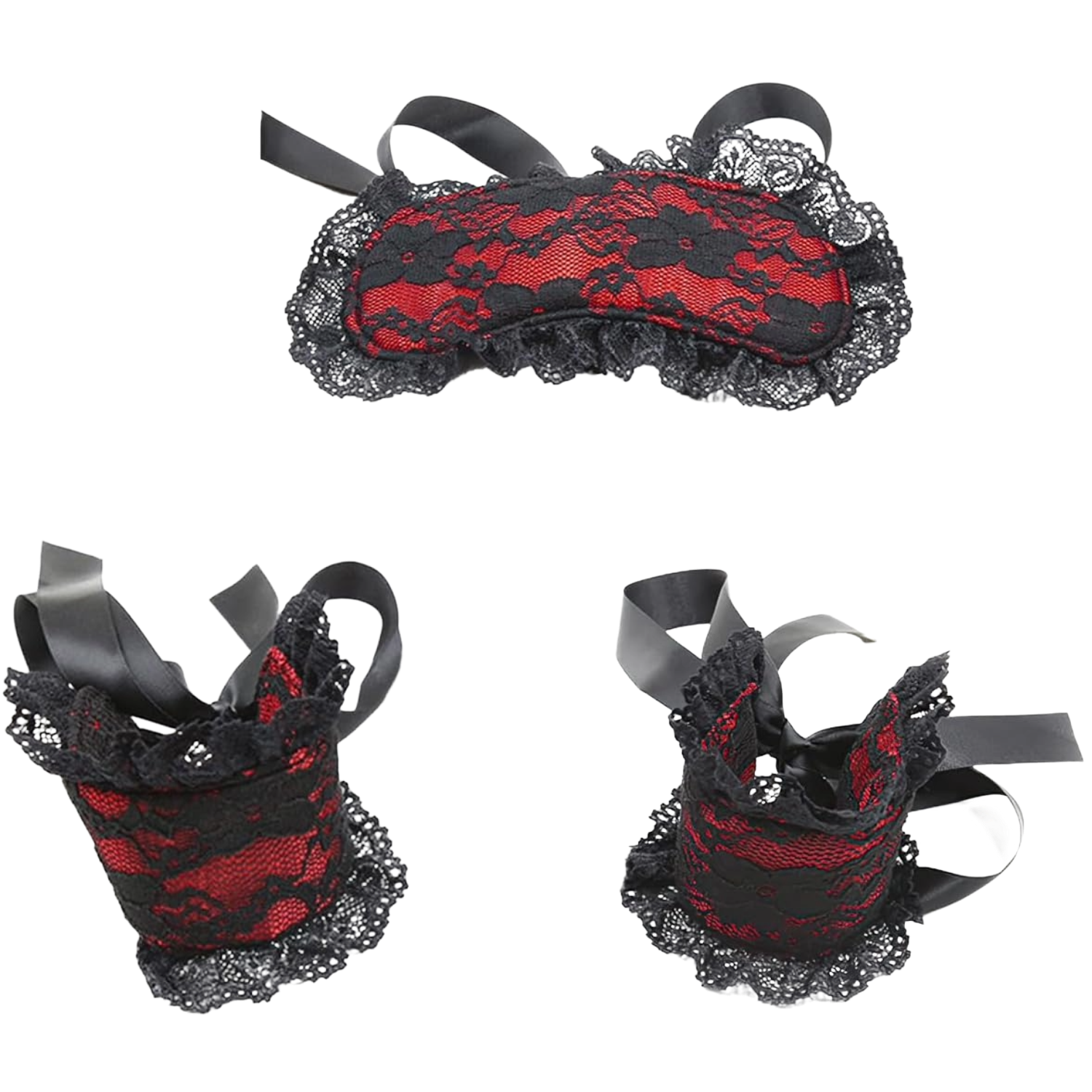 Hands holding black lace blindfold with floral pattern and satin ribbon ties