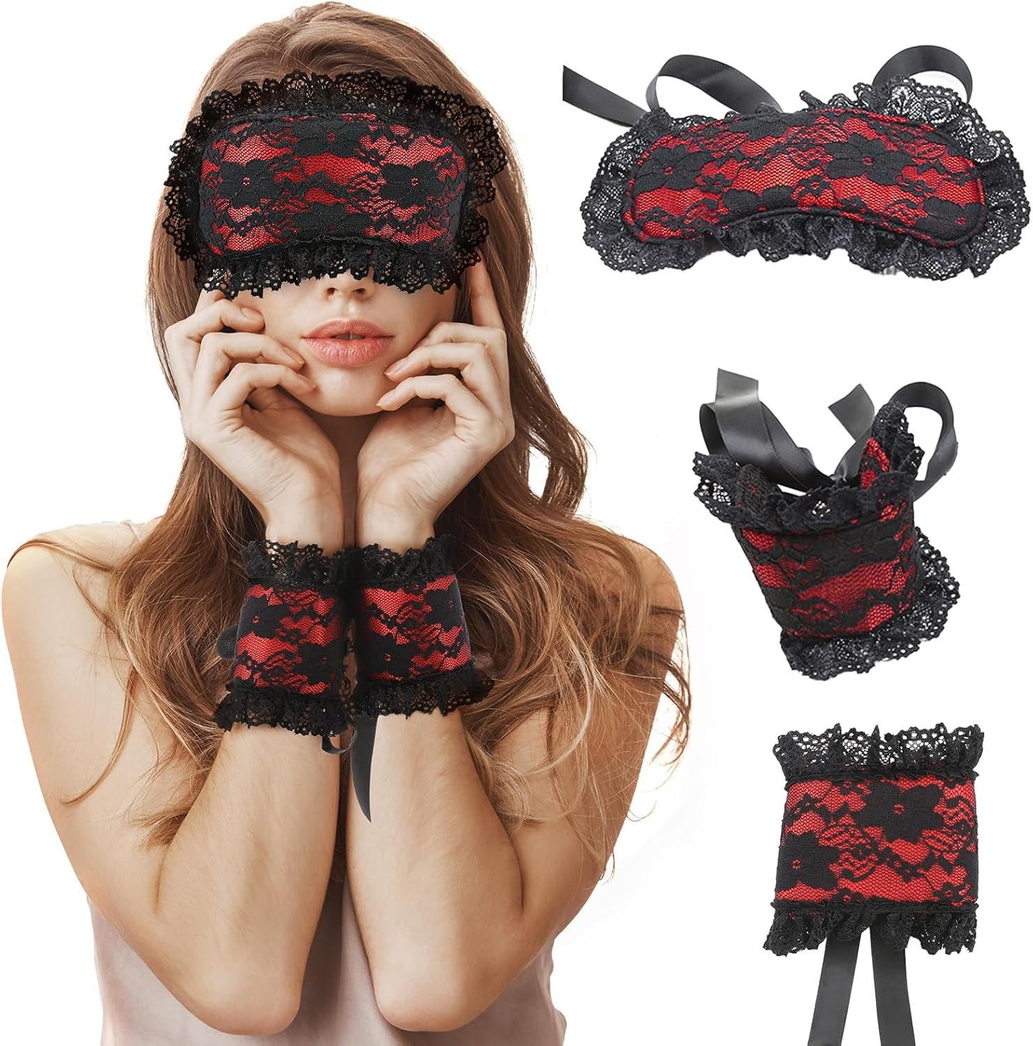 LaNoira Midnight Lace Floral sensory set with black lace blindfold and matching wrist cuffs with ribbon ties