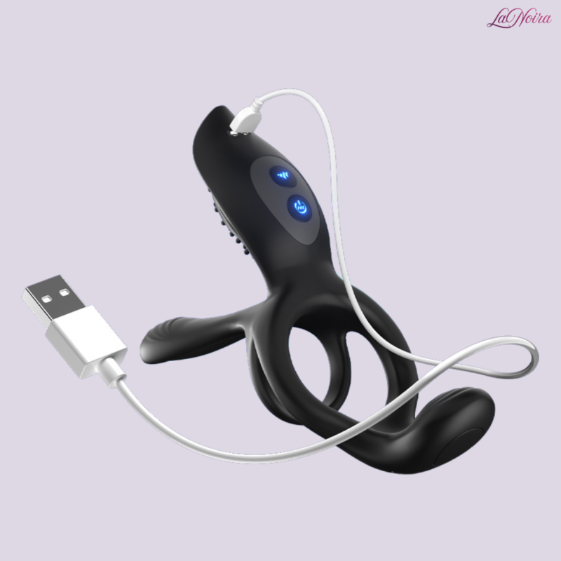 3-in-1 vibrating ring for couples with USB charging cable, dual control buttons and ergonomic silicone design