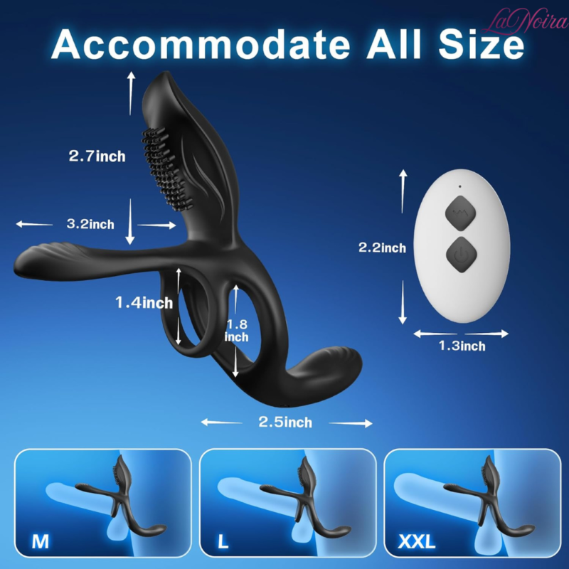 Couples vibrating ring with size dimensions and remote control, flexible fit design accommodating multiple sizes