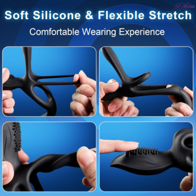 Soft silicone vibrating ring stretched by hand, demonstrating flexible fit and comfortable wearable design