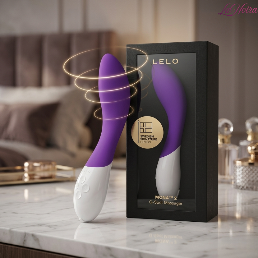 LELO Mona 2 G-spot massager with retail box showing vibration motion effect and curved design