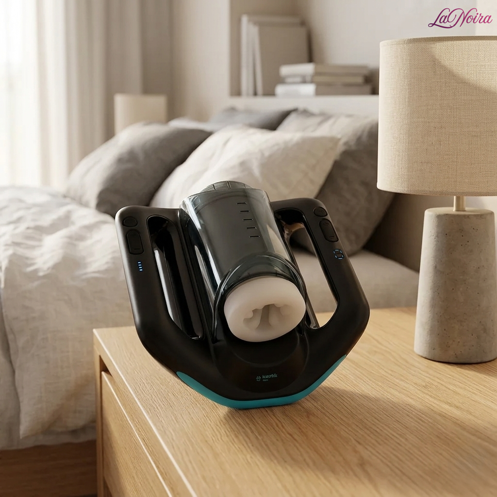 Kaotik Labs Jetpack app-controlled automated thrusting stroker displayed on a bedside table in a modern bedroom setting – LaNoira India