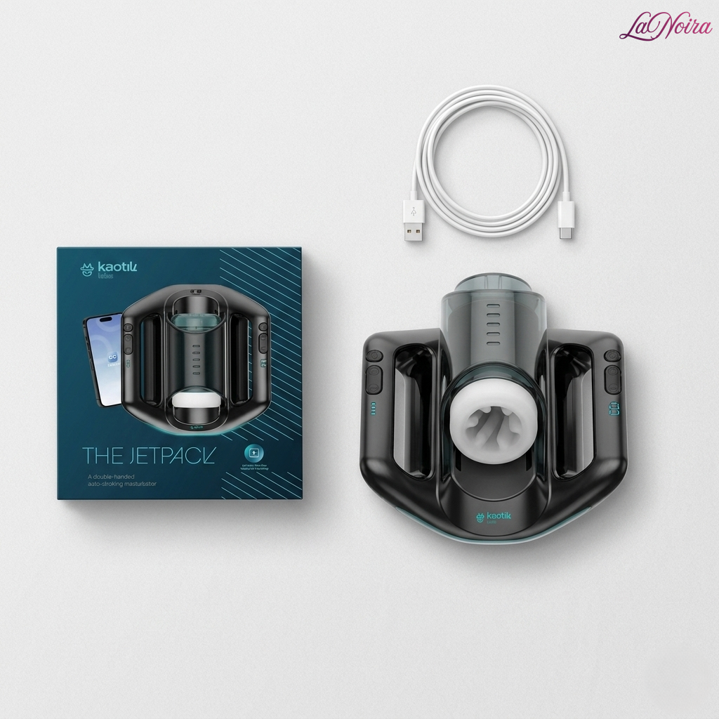 Kaotik Labs Jetpack package contents including the automated thrusting stroker, retail box, and USB charging cable arranged on a white background – LaNoira India