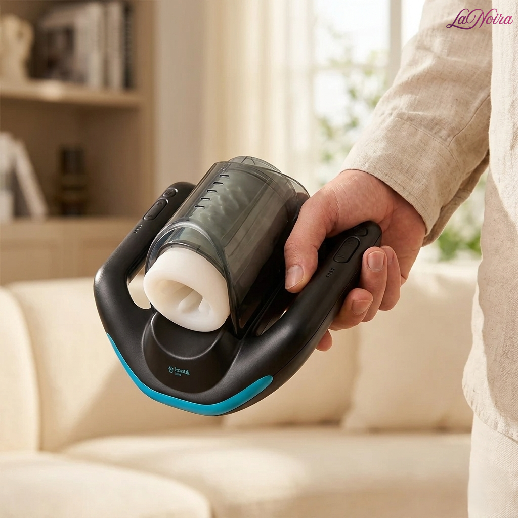 Person holding the Kaotik Labs Jetpack dual-grip automated thrusting stroker, showcasing its ergonomic design and comfortable handling – LaNoira India