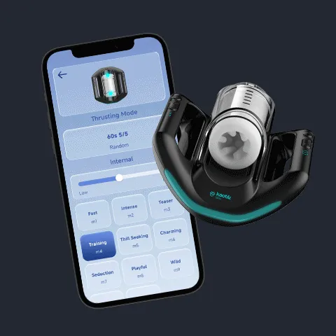 KAOTIK LABS Jetpack shown alongside a smartphone running the KooSync app, displaying thrusting mode controls, speed settings, and interactive connectivity options for solo and partner use.