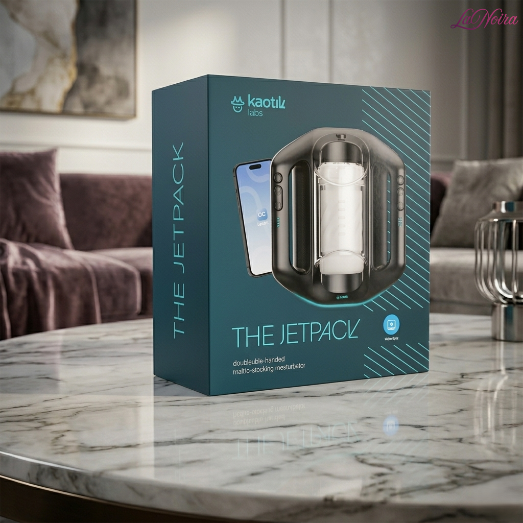 Kaotik Labs Jetpack retail packaging box featuring the app-controlled automated thrusting stroker and smartphone connectivity illustration – LaNoira India