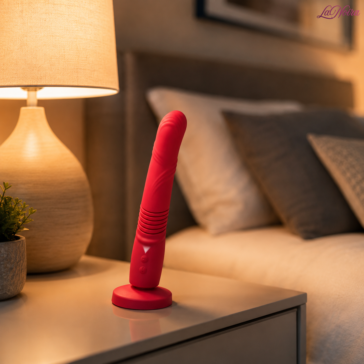 Lovense Gravity app-controlled thrusting and vibrating G-spot massager displayed upright beside its retail packaging box in a bedroom setting.