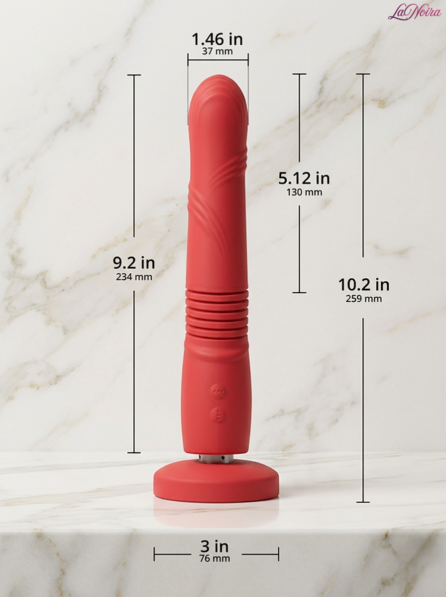 Lovense Gravity automatic thrusting and vibrating G-spot massager size guide showing overall length, insertable length, diameter, and suction cup base measurements.