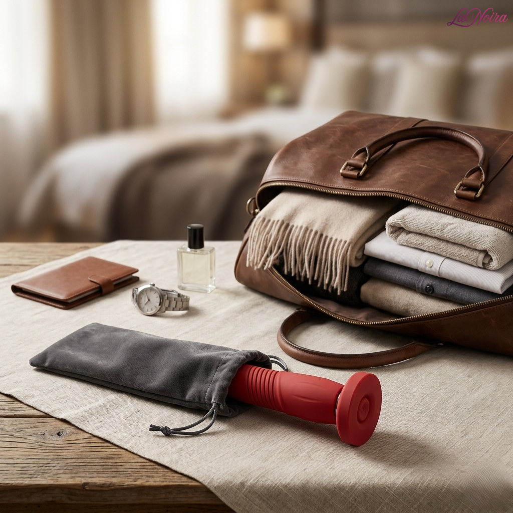 Lovense Gravity thrusting and vibrating massager partially stored in a discreet drawstring pouch next to a travel bag, highlighting portability and convenient storage.