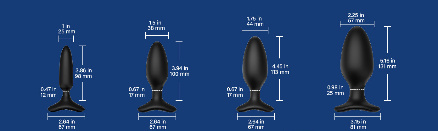 Lovense Hush 2 size comparison chart — 1 in, 1.5 in, 1.75 in, 2.25 in