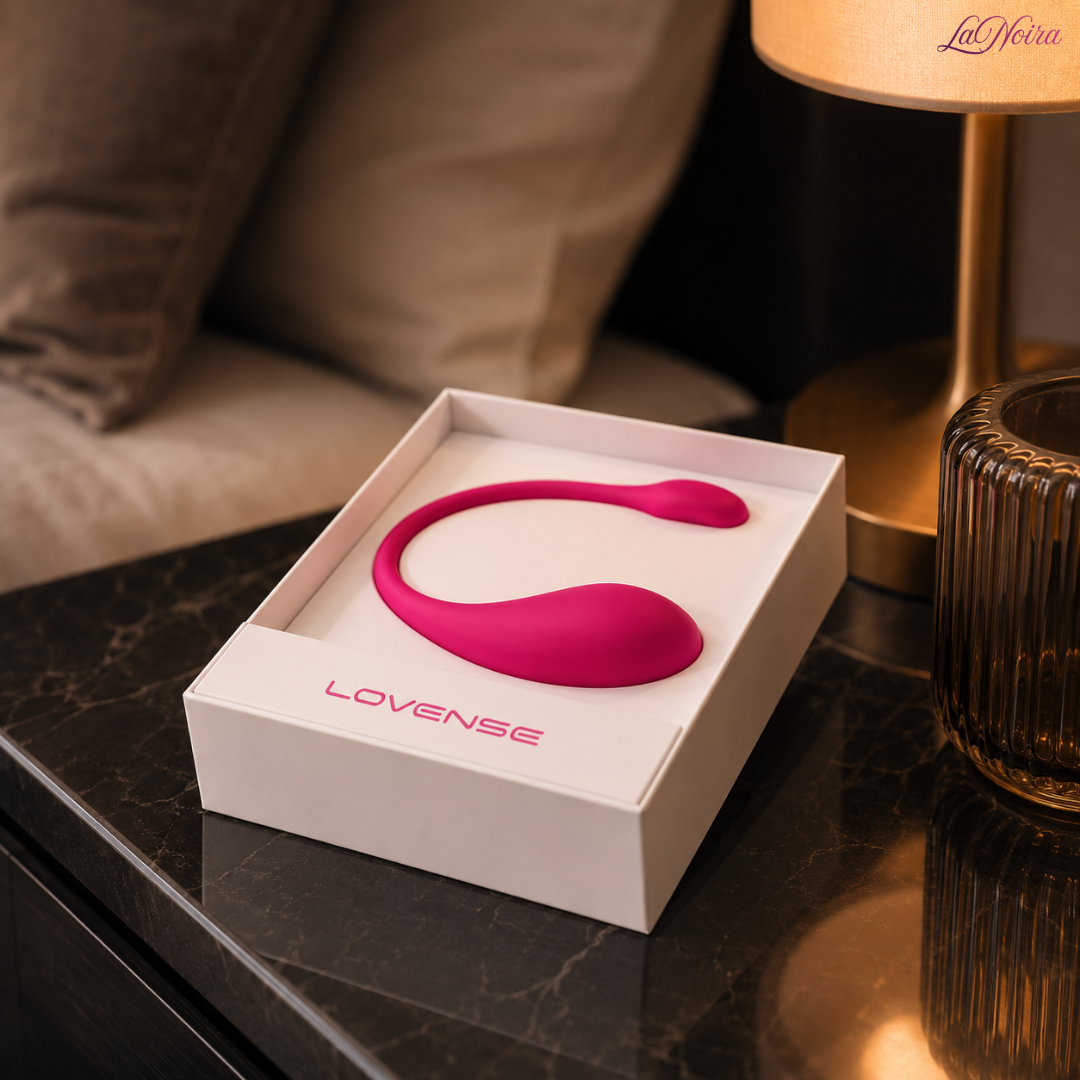 Lovense Lush 2 wearable pink egg vibrator displayed inside premium white packaging box on bedside table - LaNoira India