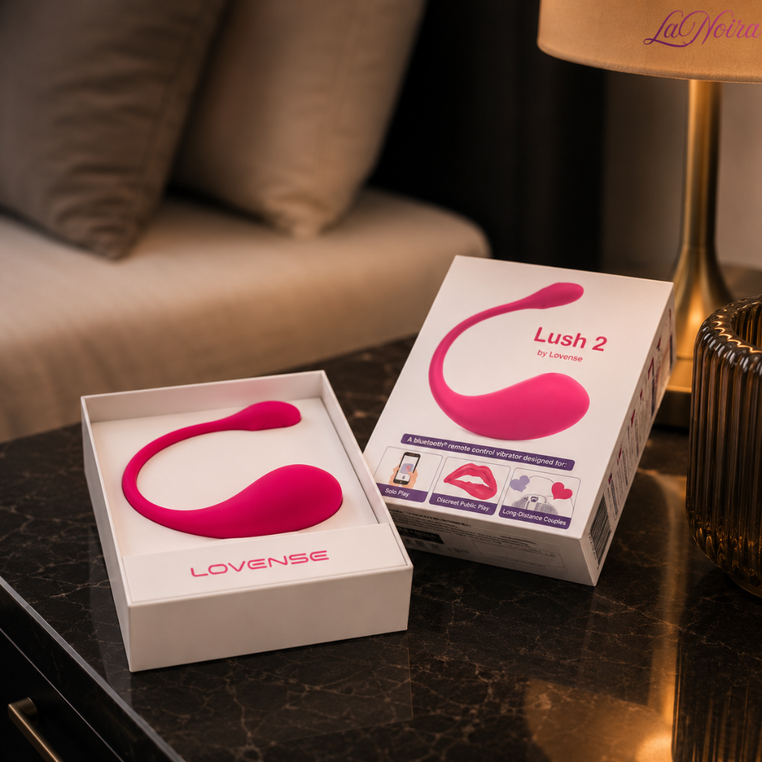 Lovense Lush 2 Bluetooth wearable vibrator with retail packaging and open presentation box on marble bedside table - LaNoira India