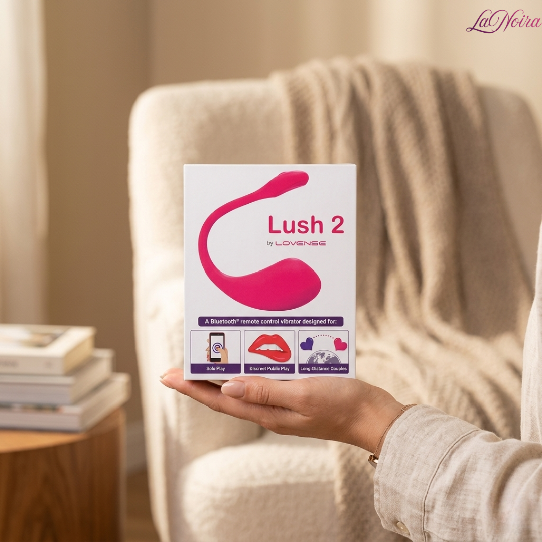 Hand holding Lovense Lush 2 retail box showing wearable app-controlled vibrator packaging design - LaNoira India