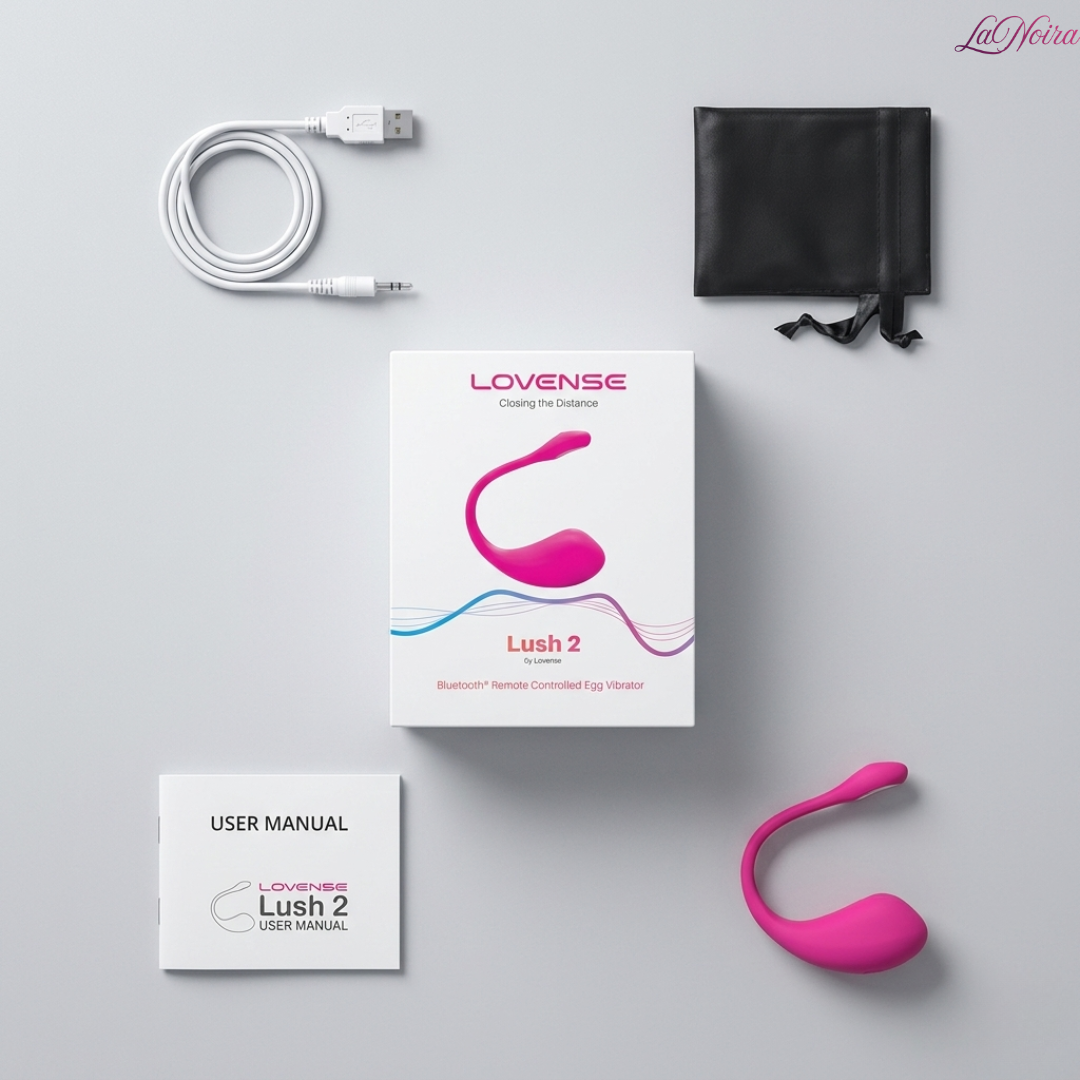 Lovense Lush 2 box contents including USB charging cable, storage pouch, user manual, and wearable vibrator flat lay - LaNoira India