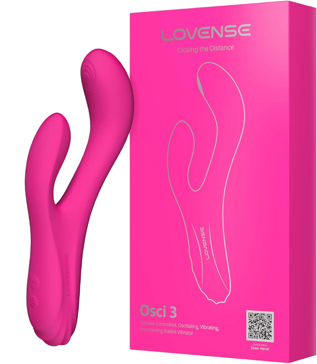 LOVENSE Osci 3 app-controlled heating oscillating rabbit vibrator with retail packaging displayed on a transparent background - LaNoira India.