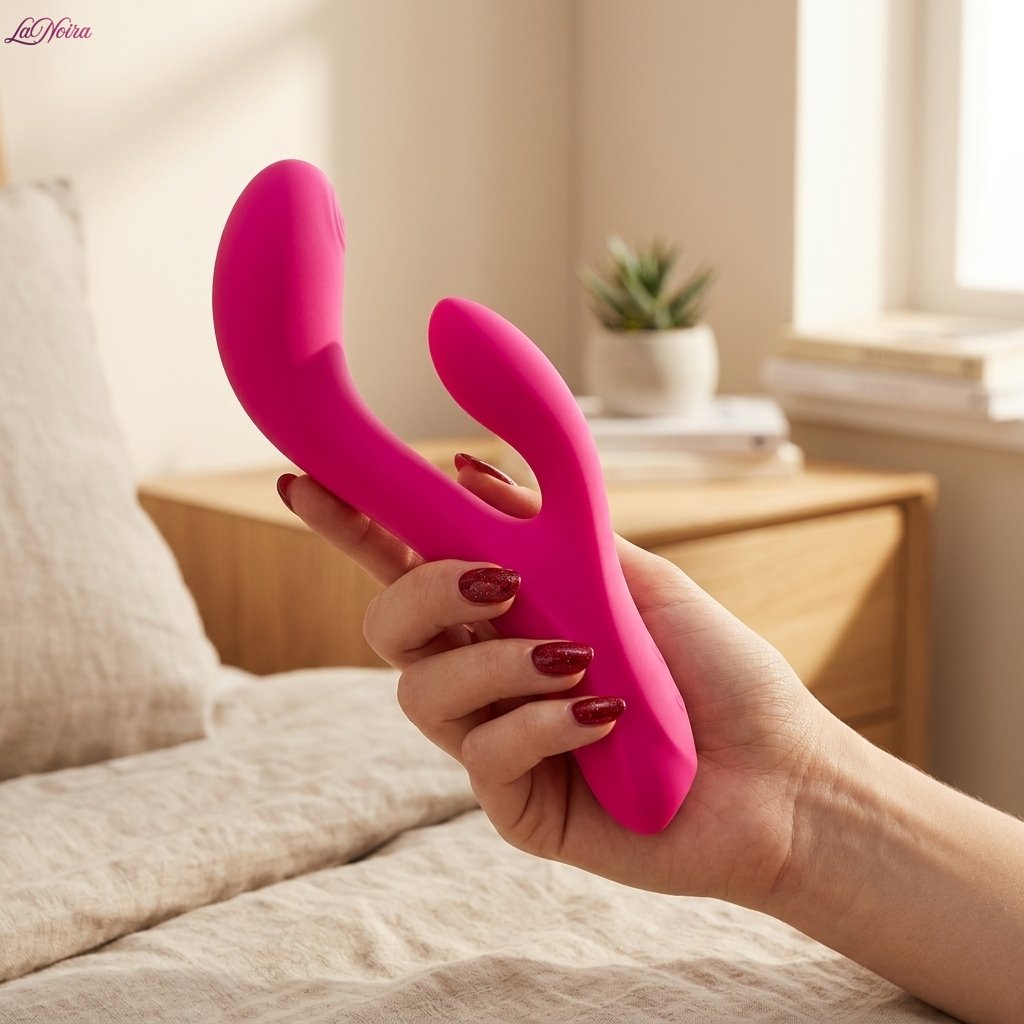LOVENSE Osci 3 app-controlled heating oscillating rabbit vibrator held in hand to demonstrate ergonomic size and shape - LaNoira India.