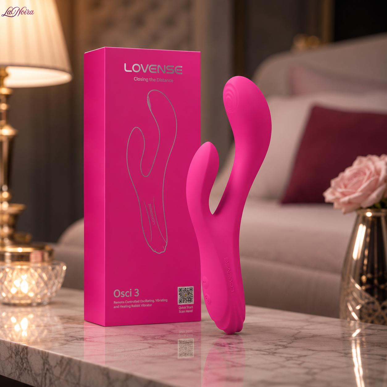 LOVENSE Osci 3 app-controlled heating rabbit vibrator standing beside the branded retail box on a marble tabletop - LaNoira India.