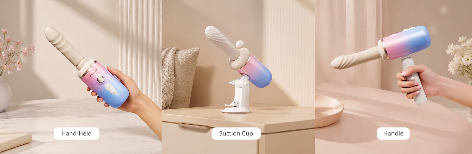 LOVENSE Spinel intelligent thrusting machine displayed in three usage configurations: handheld operation, adjustable suction cup mounting, and handle attachment for versatile control.