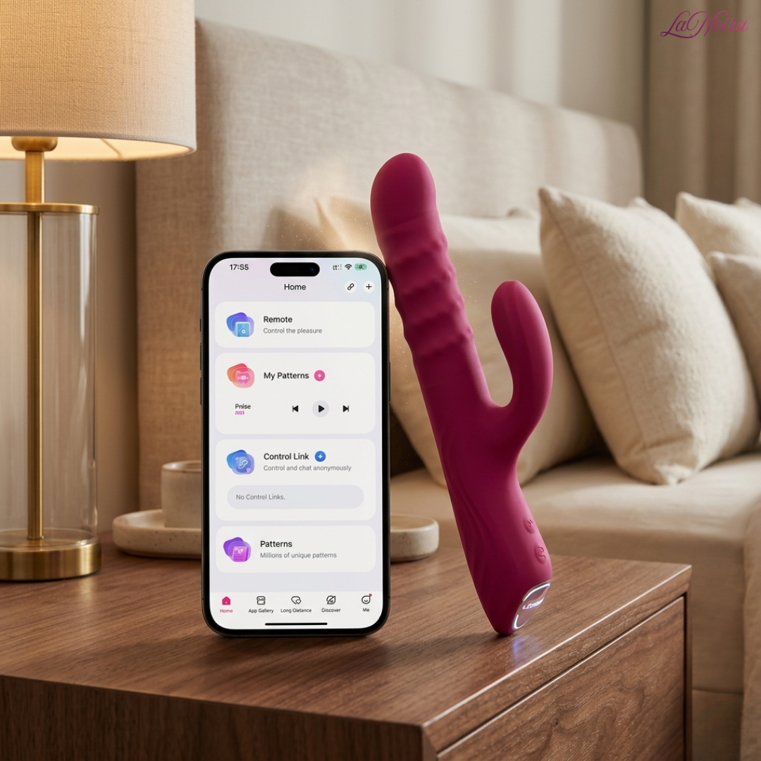 Lovense Velvo rabbit vibrator displayed beside a smartphone showing the Lovense app interface for Bluetooth remote control and custom vibration patterns.