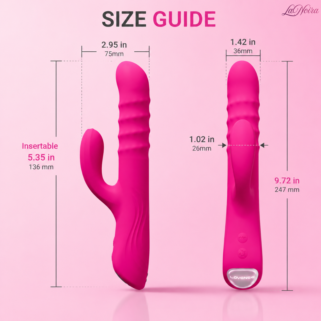 Lovense Velvo rabbit vibrator size guide showing overall dimensions, insertable length, shaft diameter, and clitoral stimulator measurements in inches and millimeters.