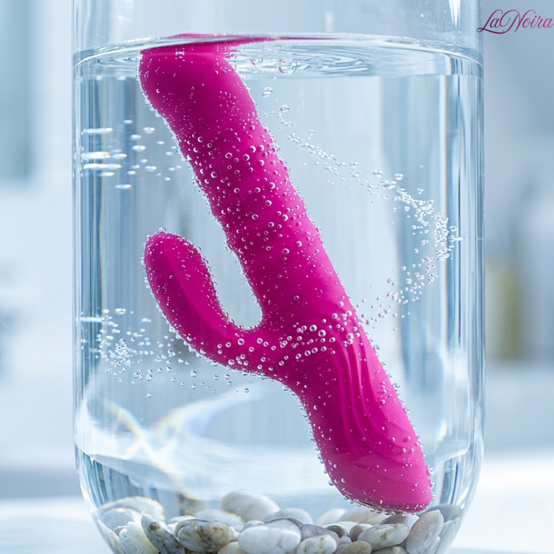 Lovense Velvo waterproof rabbit vibrator submerged in water with bubbles, demonstrating water-resistant construction for bath and shower use.