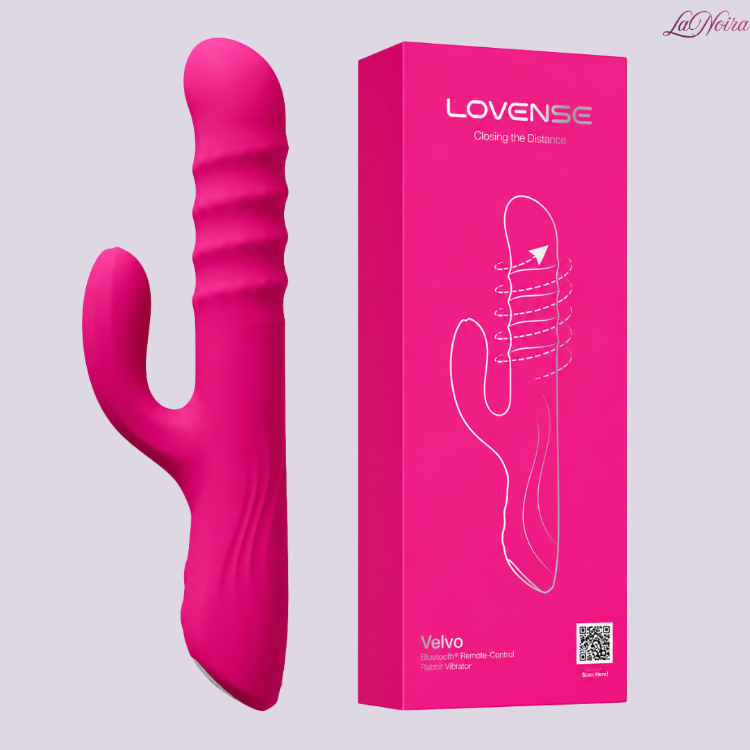 Lovense Velvo Bluetooth remote-control rabbit vibrator with textured shaft and curved clitoral stimulator displayed beside the product packaging.