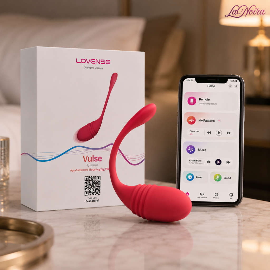 LOVENSE Vulse thrusting egg vibrator displayed beside a smartphone showing the Lovense control app for remote app-based operation - LaNoira India.