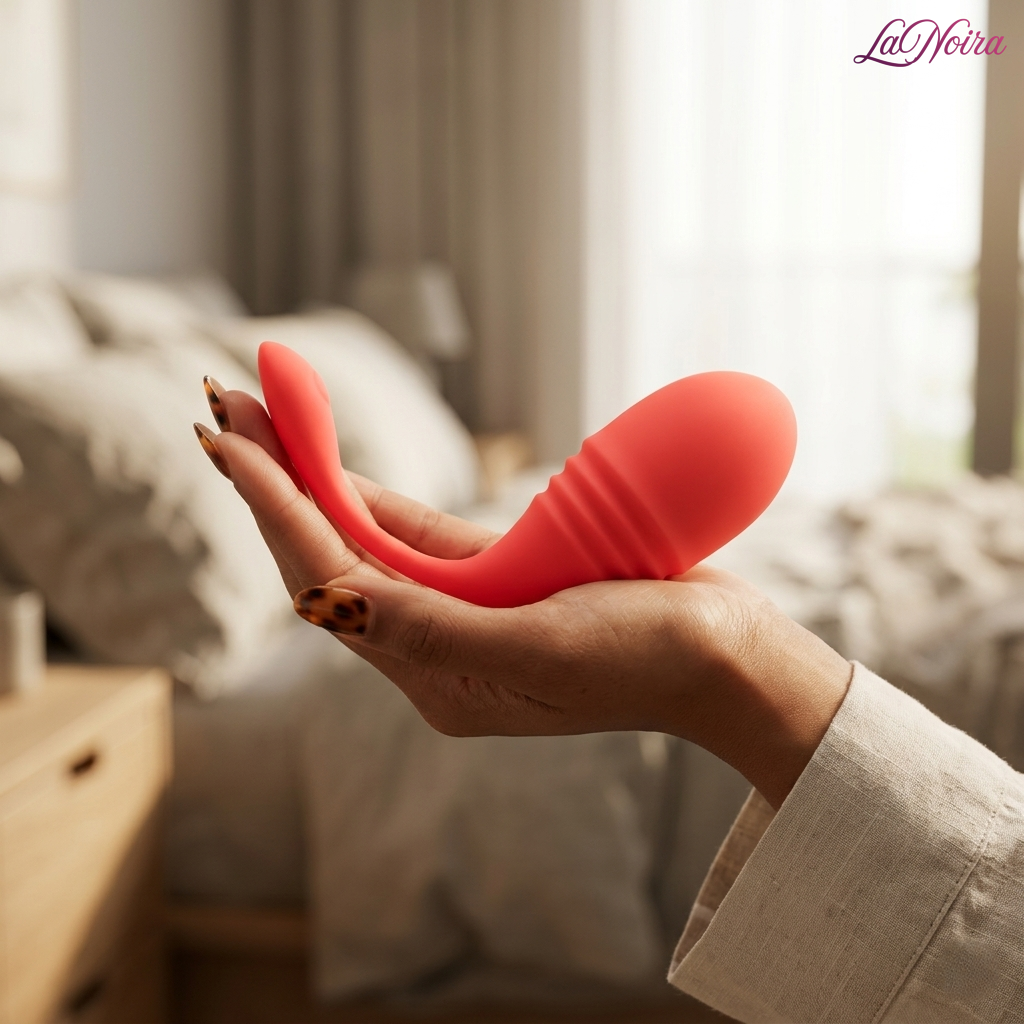 LOVENSE Vulse Signature app-controlled G-spot thrusting egg vibrator held in hand to demonstrate product size and ergonomic shape - LaNoira India.