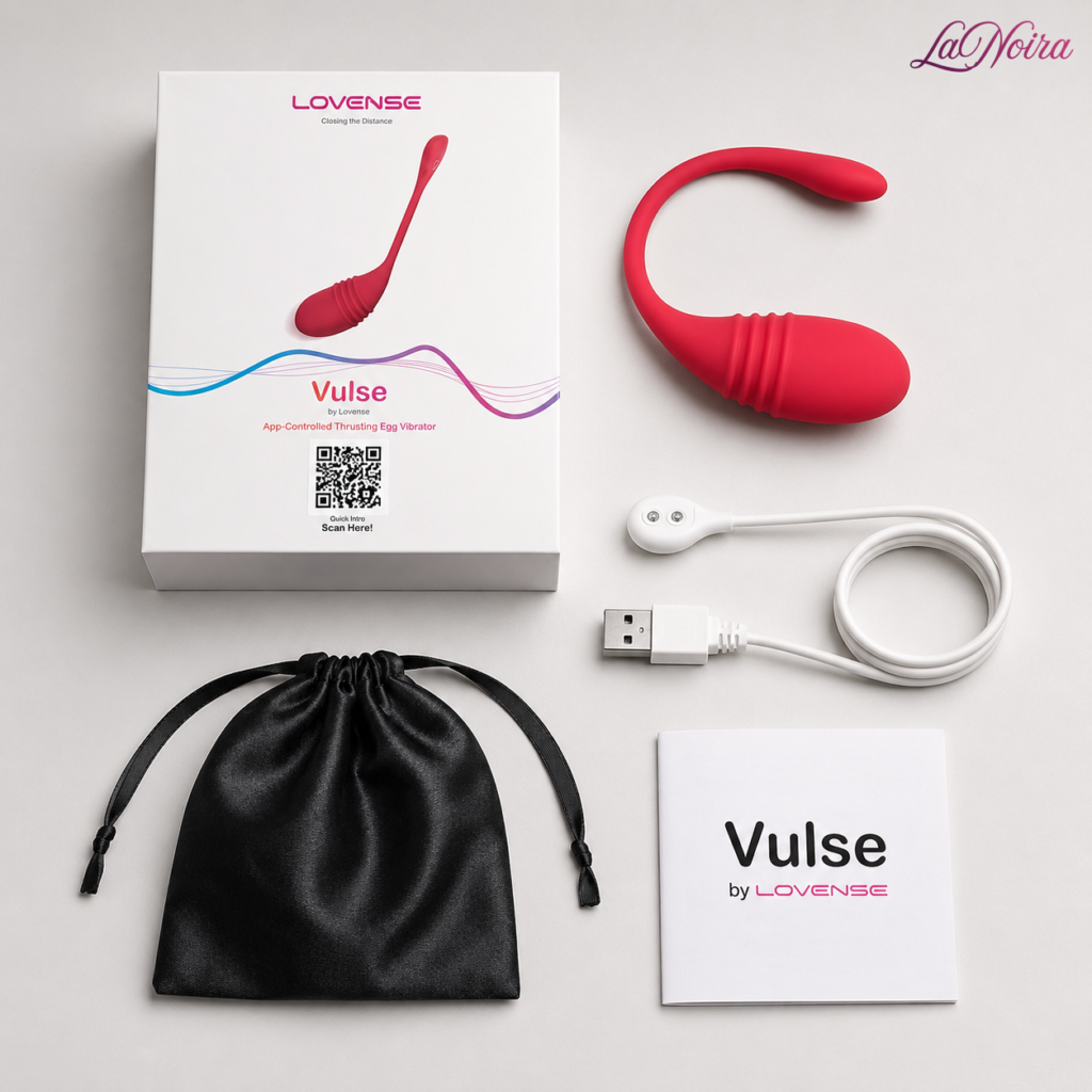 LOVENSE Vulse package contents including vibrator, retail box, charging cable, storage pouch, and user manual displayed in a flat lay arrangement - LaNoira India.