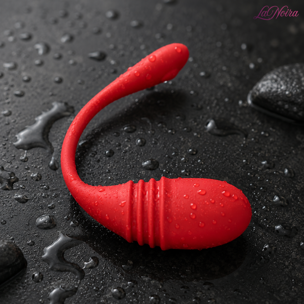 LOVENSE Vulse app-controlled thrusting egg vibrator covered with water droplets highlighting its waterproof silicone construction - LaNoira India.