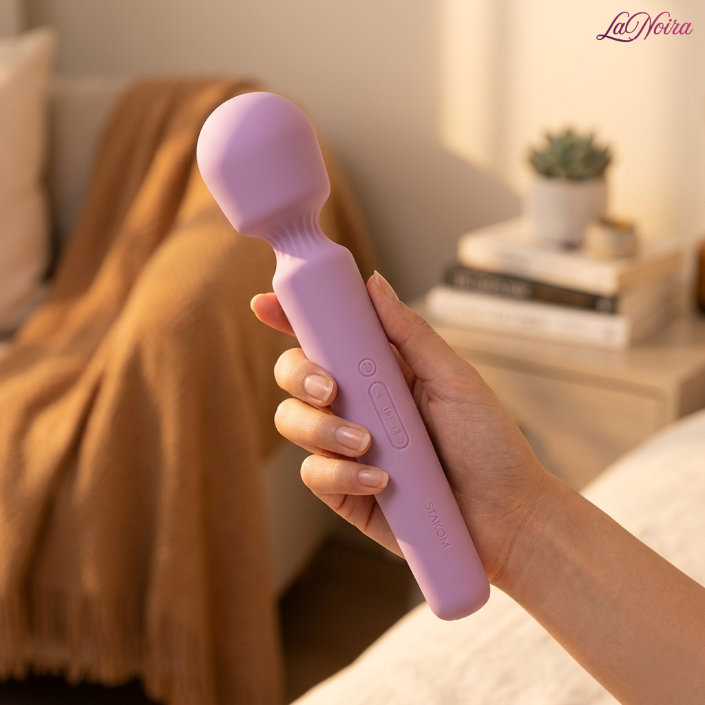 Hand holding the SVAKOM Emma Neo 2 heating app-controlled wand massager, demonstrating ergonomic grip and compact size – LaNoira India