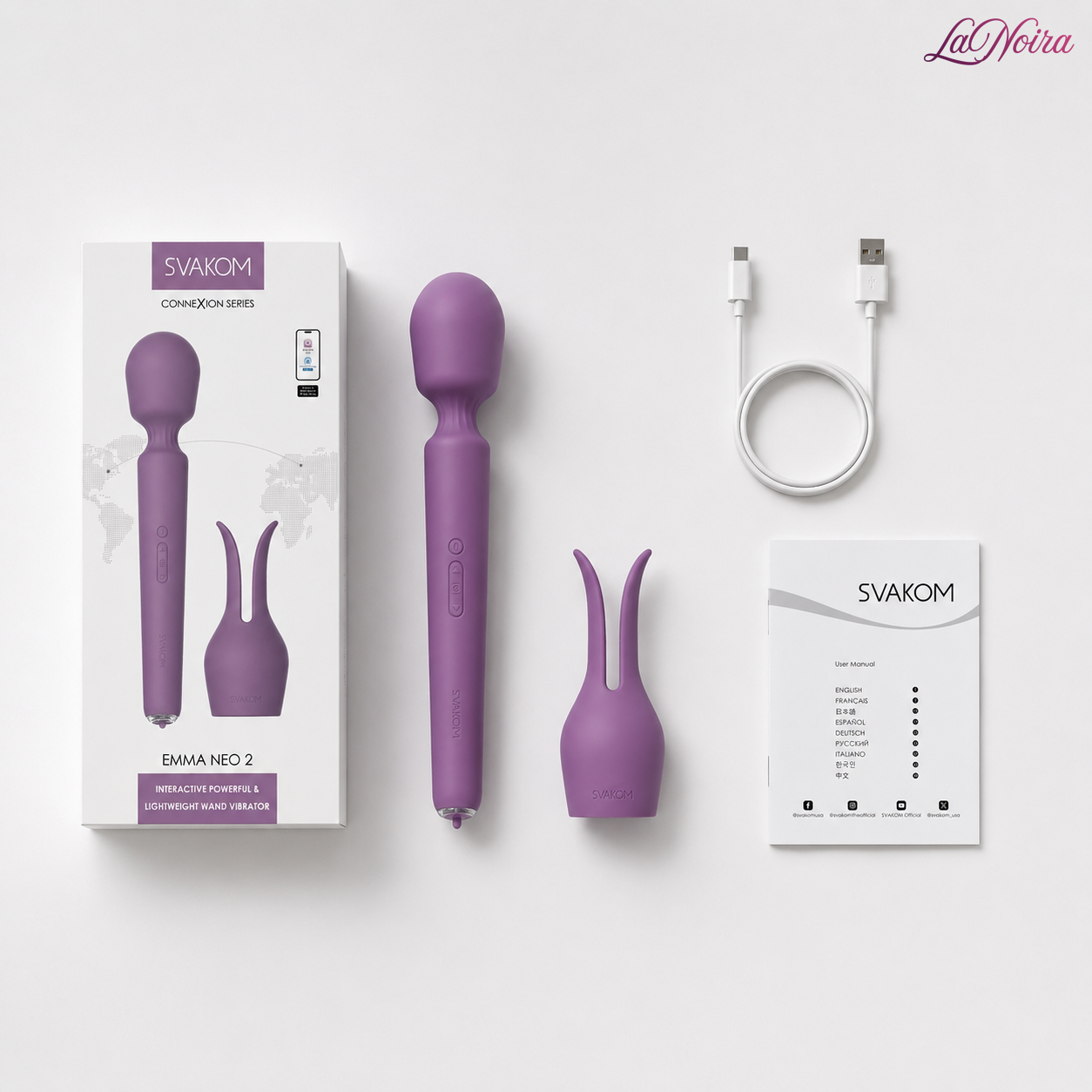 SVAKOM Emma Neo 2 package contents including wand massager, interchangeable attachment, retail box, charging cable, and user manual arranged in a clean flat-lay layout – LaNoira India