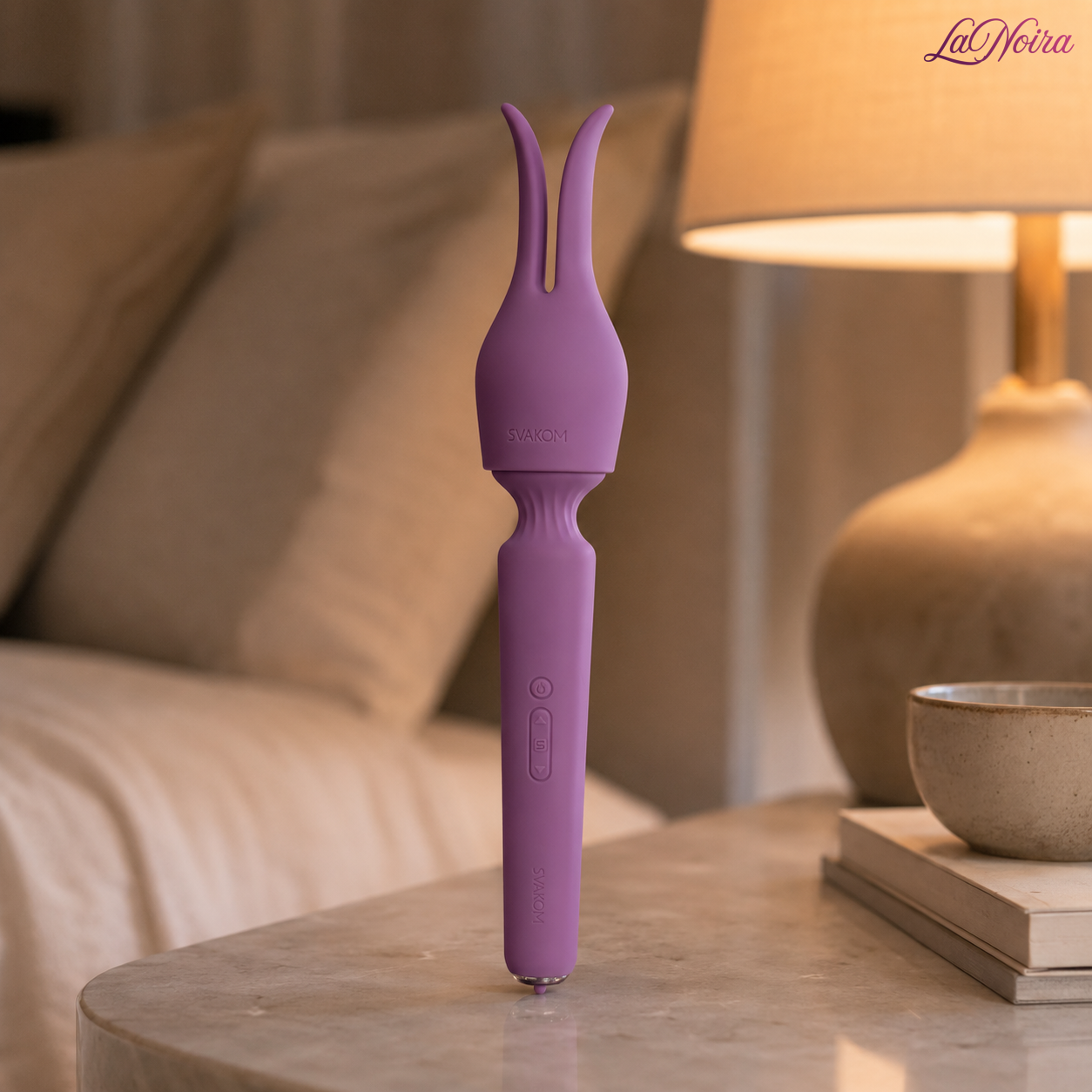 SVAKOM Emma Neo 2 heating app-controlled wand massager with forked attachment standing on a bedside table in a luxury bedroom setting – LaNoira India
