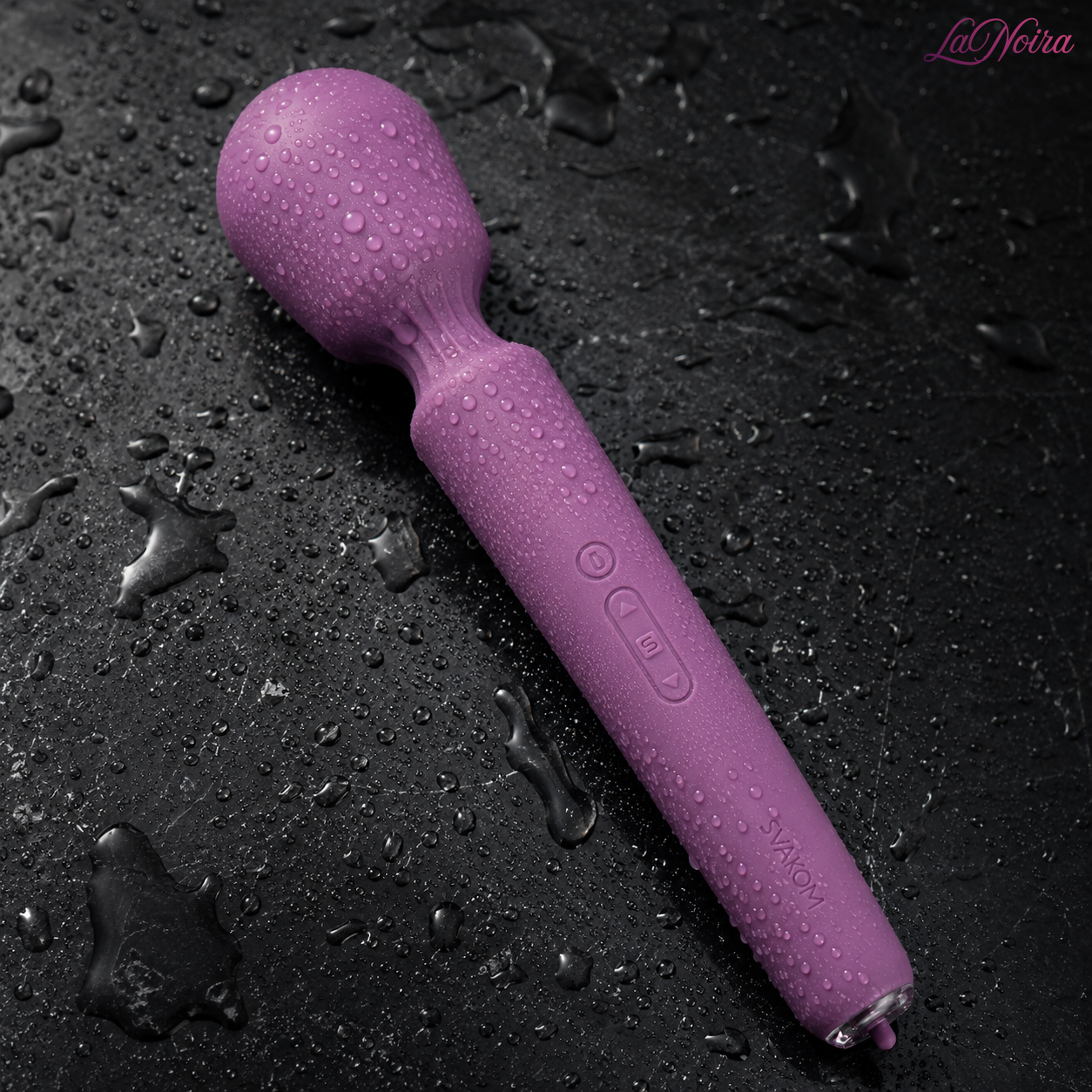 Close-up of the SVAKOM Emma Neo 2 heating app-controlled wand massager covered with water droplets, highlighting waterproof design and premium silicone finish – LaNoira India