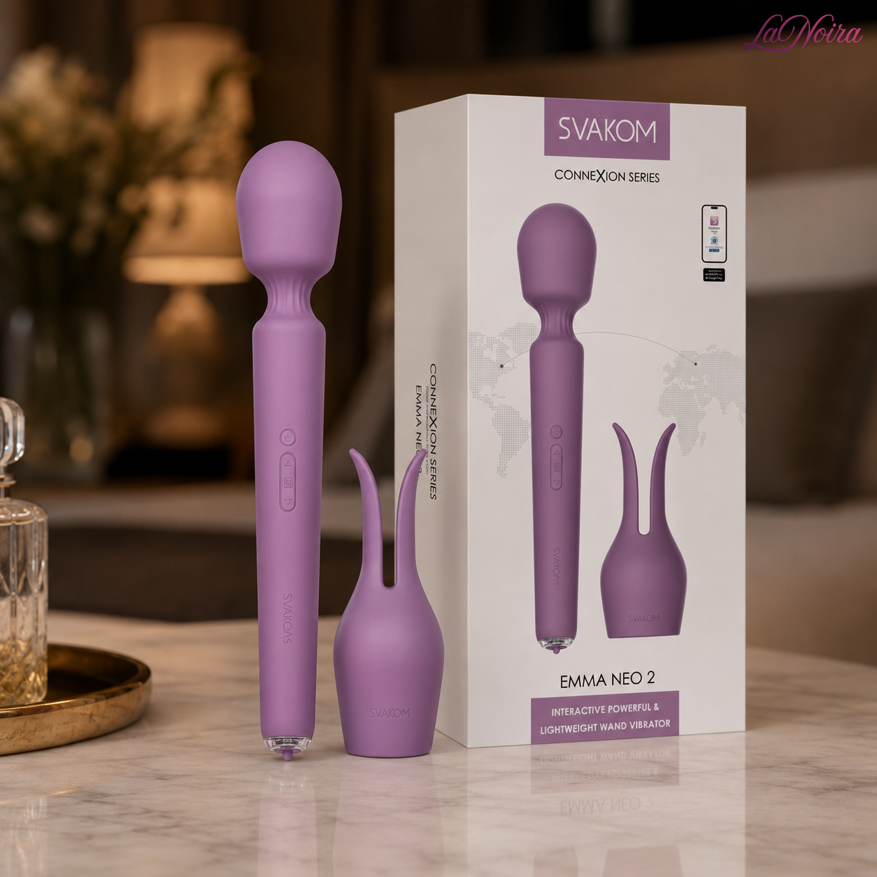 SVAKOM Emma Neo 2 heating app-controlled wand massager and interchangeable attachment displayed beside the retail packaging box – LaNoira India