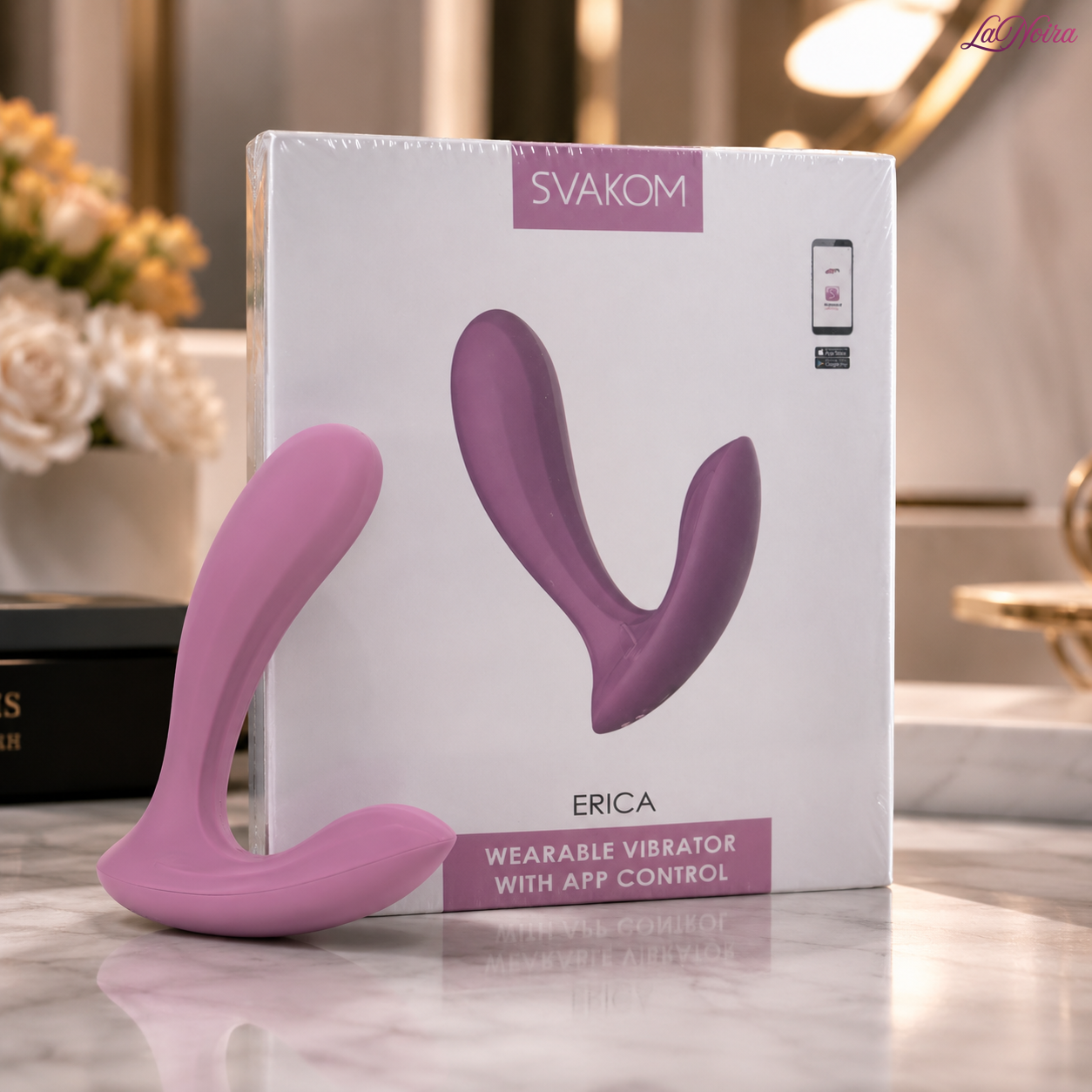Svakom Erica wearable couples vibrator retail packaging box featuring app-controlled dual motor vibrator product artwork – LaNoira India