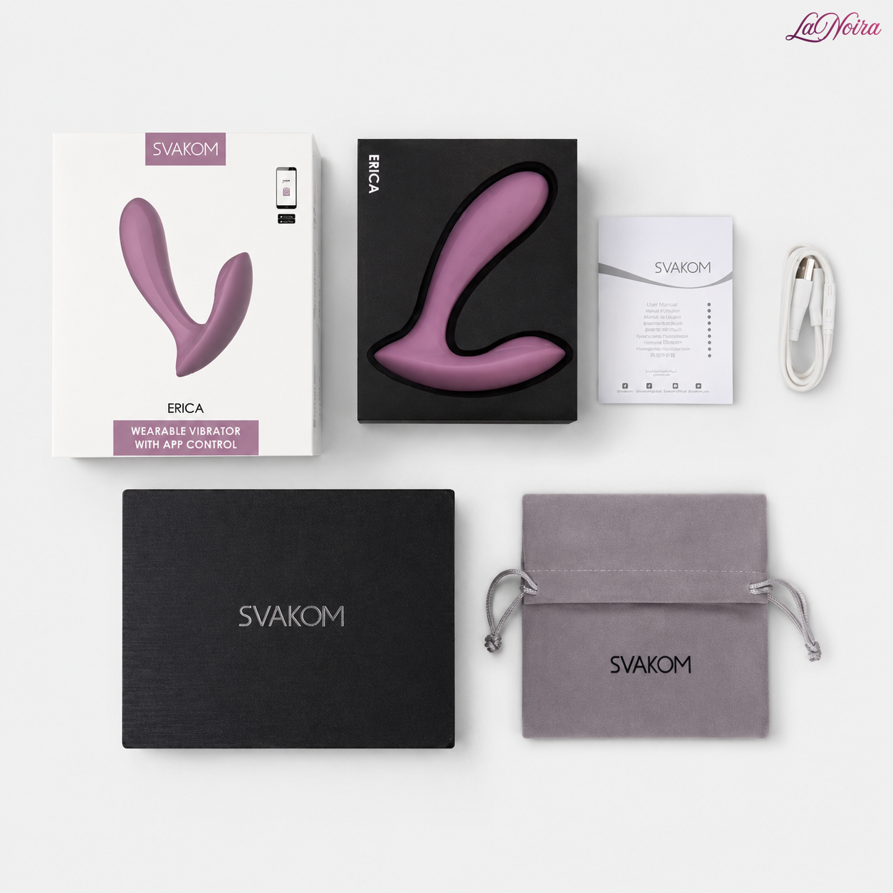 Svakom Erica wearable couples vibrator package contents including retail box, vibrator, storage pouch, user manual, charging cable, and presentation box – LaNoira India