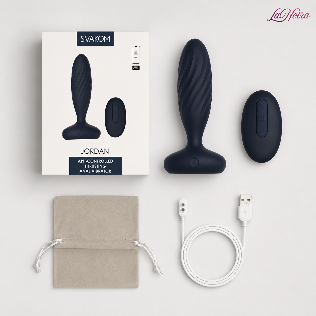 SVAKOM Jordan package contents including thrusting anal vibrator, remote control, storage pouch, charging cable and retail box - LaNoira