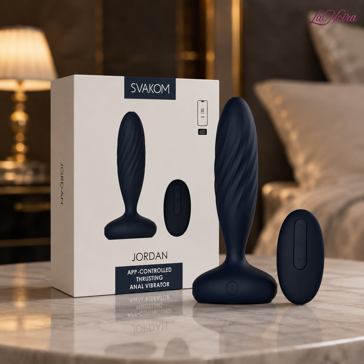 SVAKOM Jordan app-controlled thrusting anal vibrator with wireless remote and retail packaging box - LaNoira