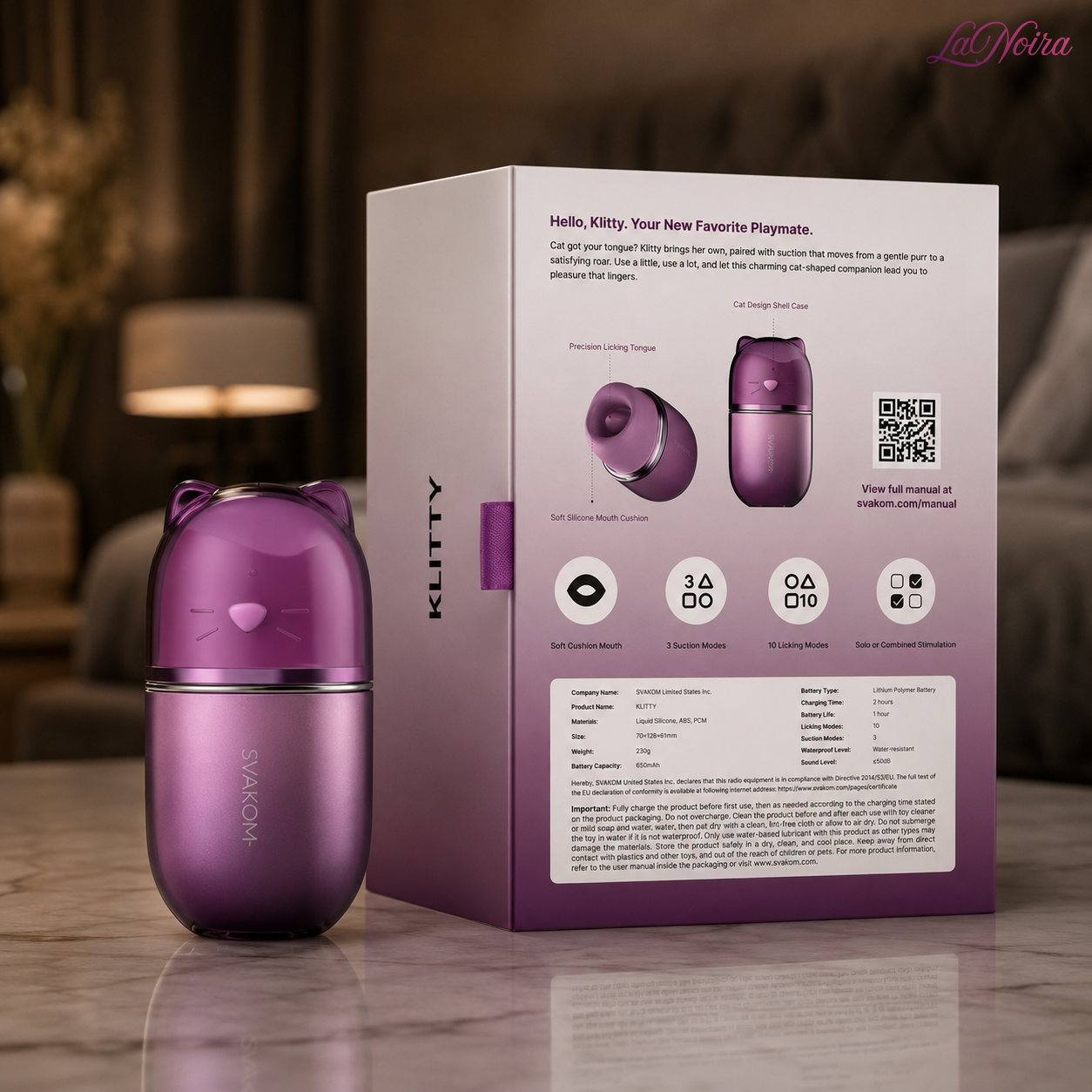 SVAKOM Klitty triple-action clitoral suction and licking massager displayed beside the retail packaging, showcasing product design and branding – LaNoira India
