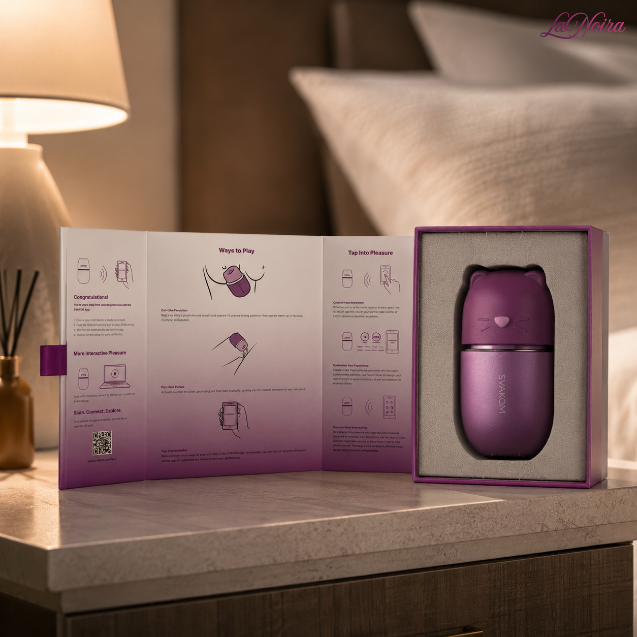 SVAKOM Klitty triple-action clitoral suction and licking massager presented in premium packaging with unfolded instruction guide and app-control information – LaNoira India