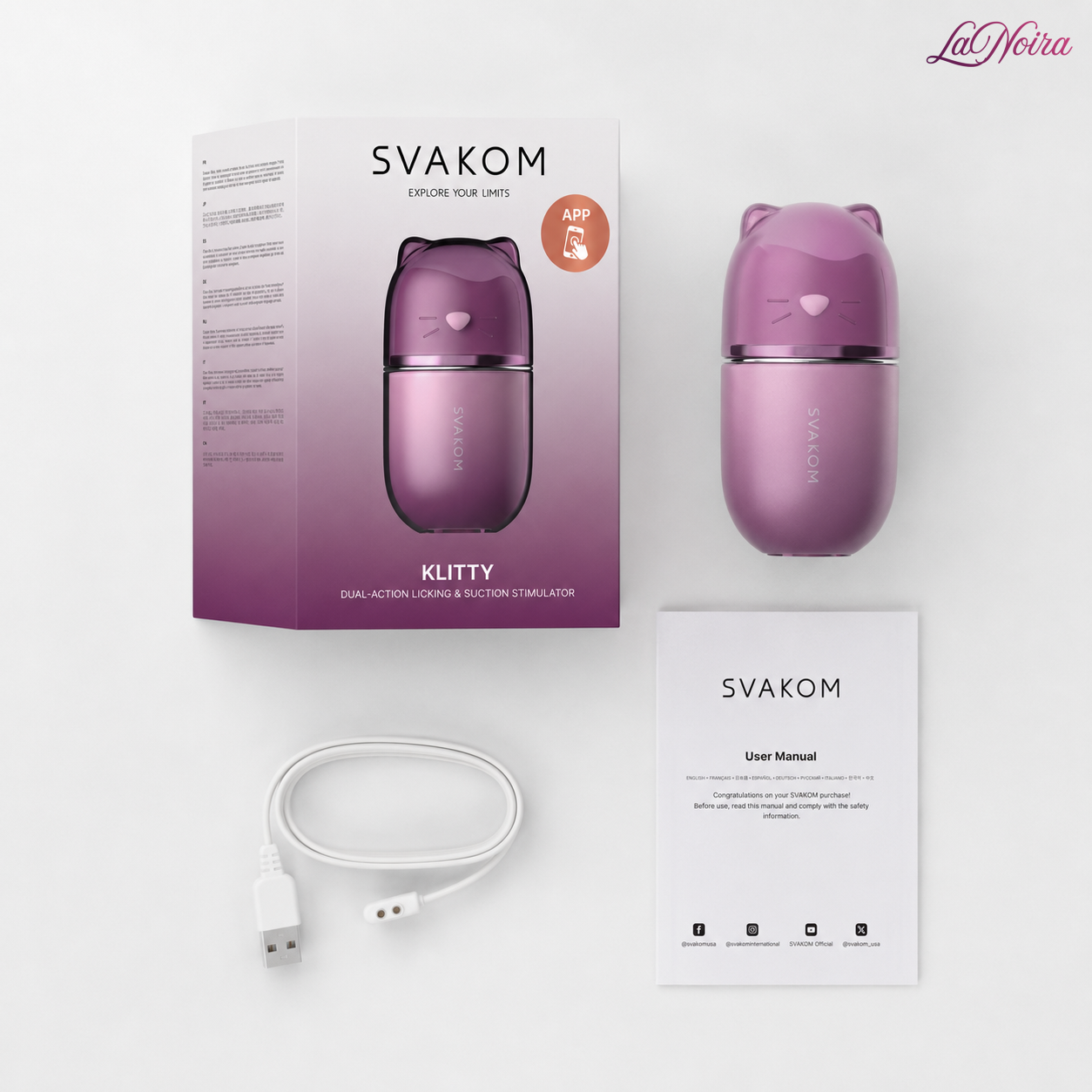 SVAKOM Klitty triple-action clitoral suction and licking massager package contents including product, retail box, charging cable, and user manual arranged in a flat-lay presentation – LaNoira India