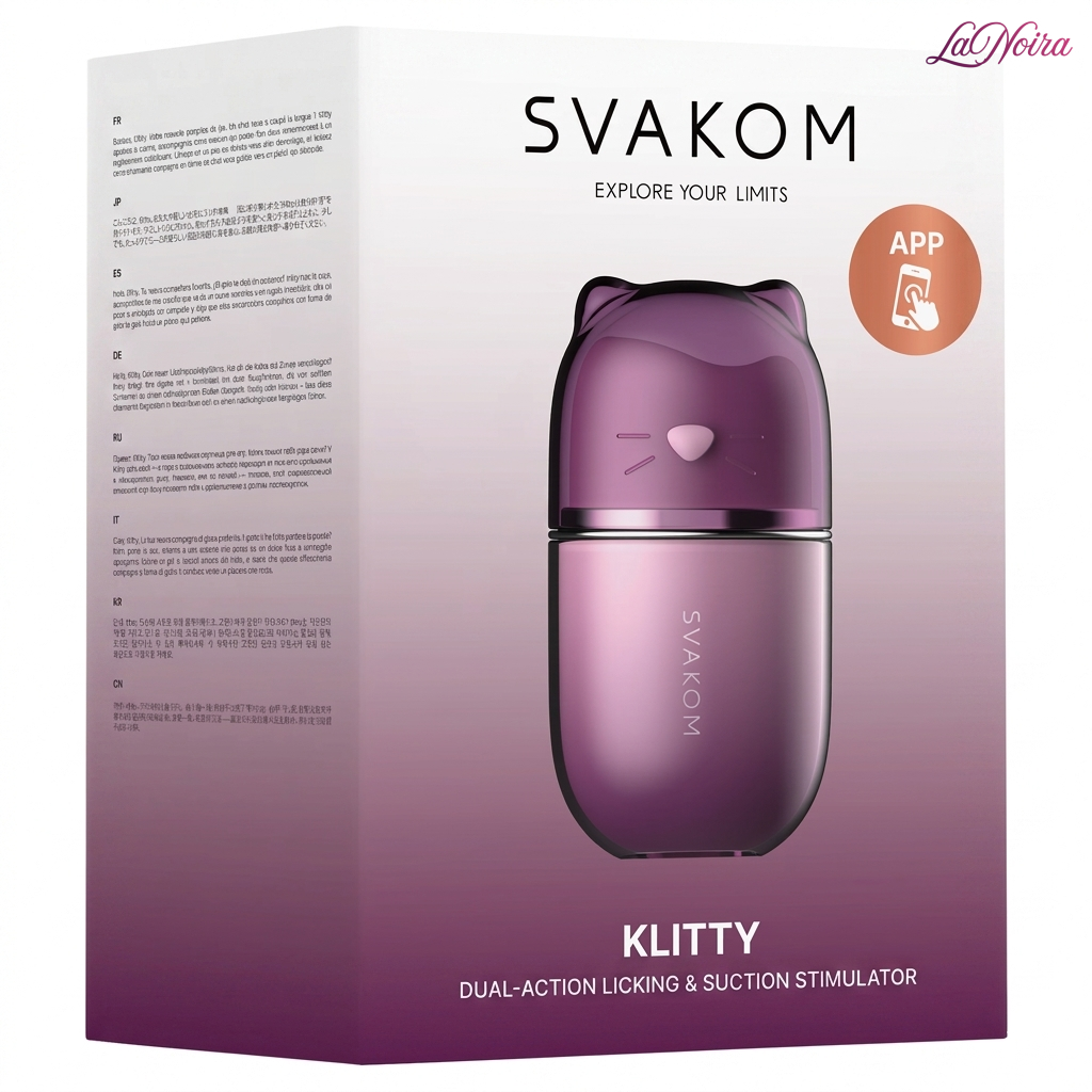 SVAKOM Klitty triple-action clitoral suction and licking massager with app-controlled functionality, retail box and product displayed on a clean white background – LaNoira India