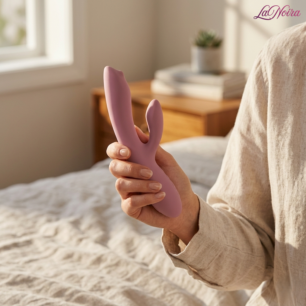 Hand holding the SVAKOM Trysta Neo dual stimulation rabbit vibrator, demonstrating ergonomic grip and compact size – LaNoira India