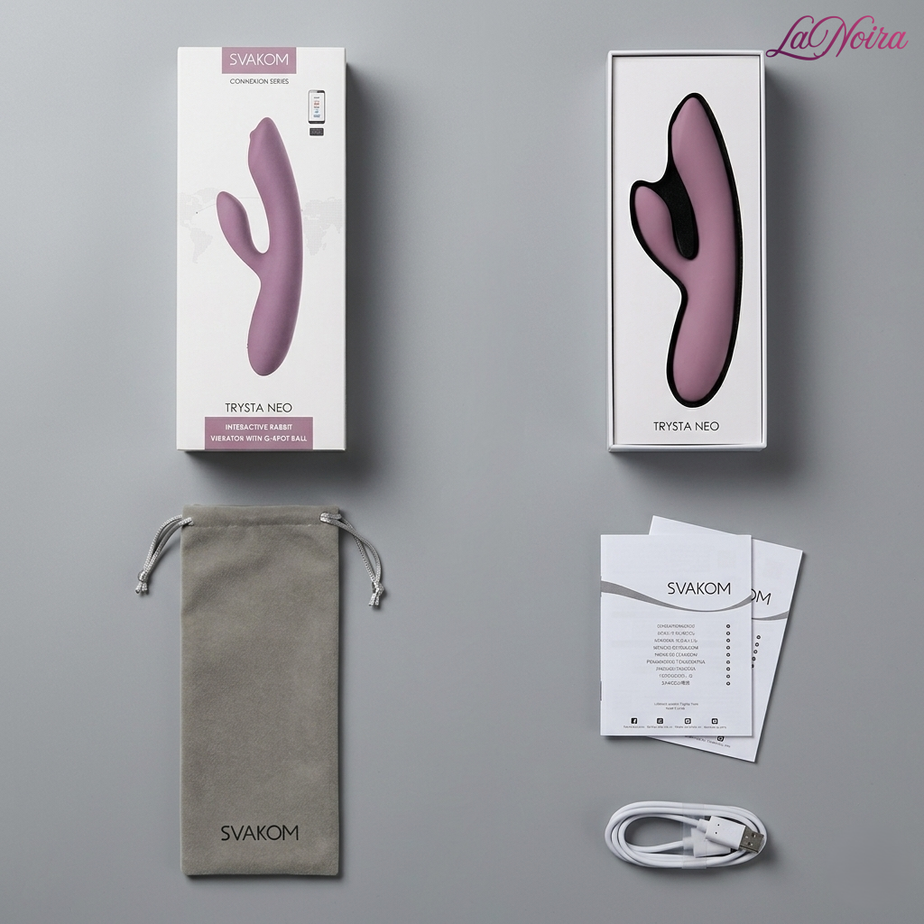 SVAKOM Trysta Neo package contents including rabbit vibrator, retail box, storage pouch, user manuals, and USB charging cable arranged in a flat-lay layout – LaNoira India