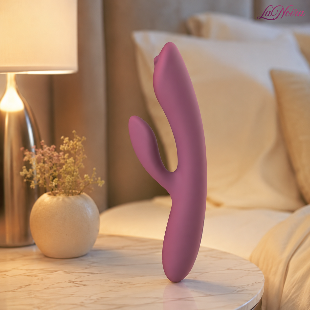 SVAKOM Trysta Neo dual stimulation rabbit vibrator standing on a bedside table in a luxury bedroom setting, showcasing its curved ergonomic design – LaNoira India